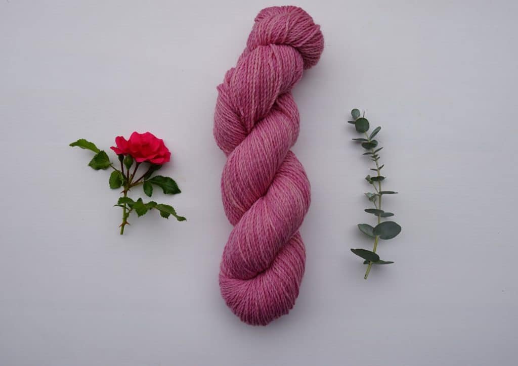 naturally dyed skein of yarn dyed with cochineal