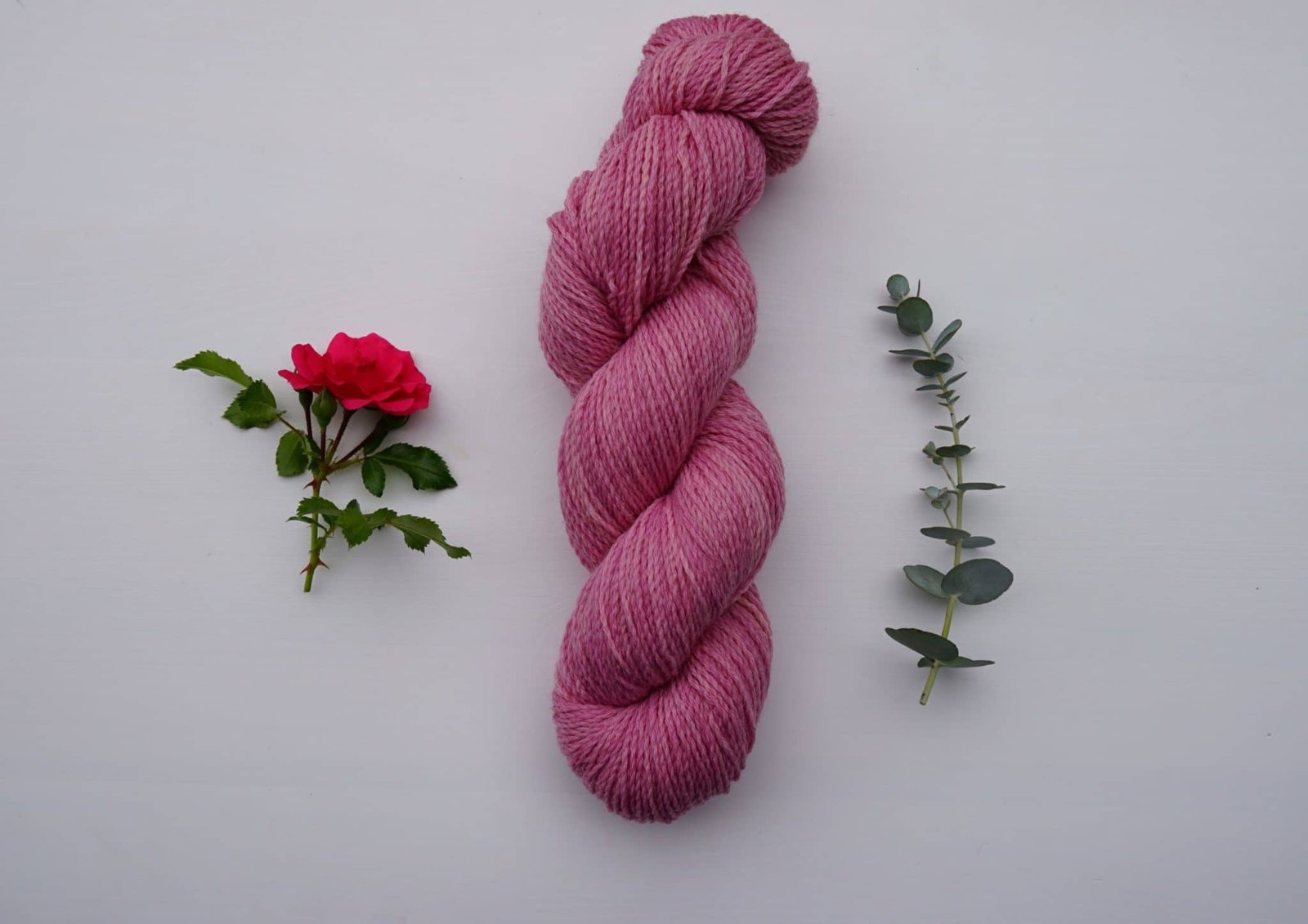 naturally dyed skein of yarn dyed with cochineal