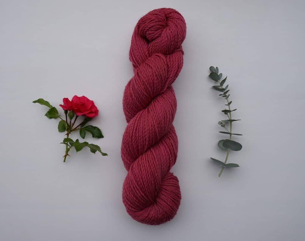 naturally dyed skein of yarn dyed with cochineal