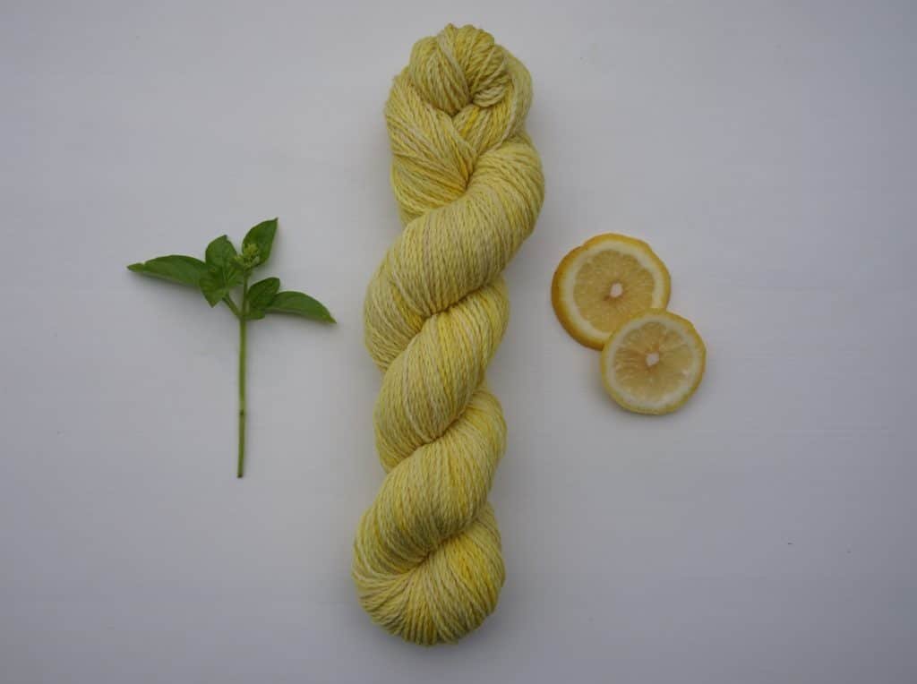 naturally dyed skein of yarn dyed with goldenrod