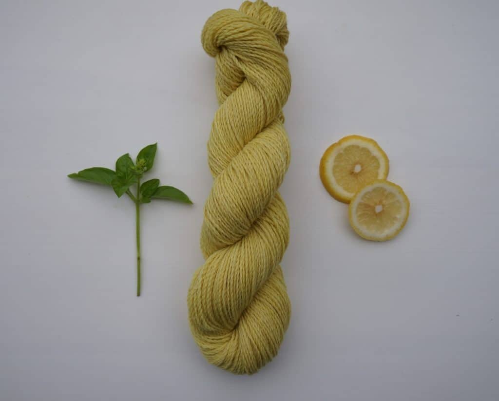 naturally dyed skein of yarn dyed with goldenrod