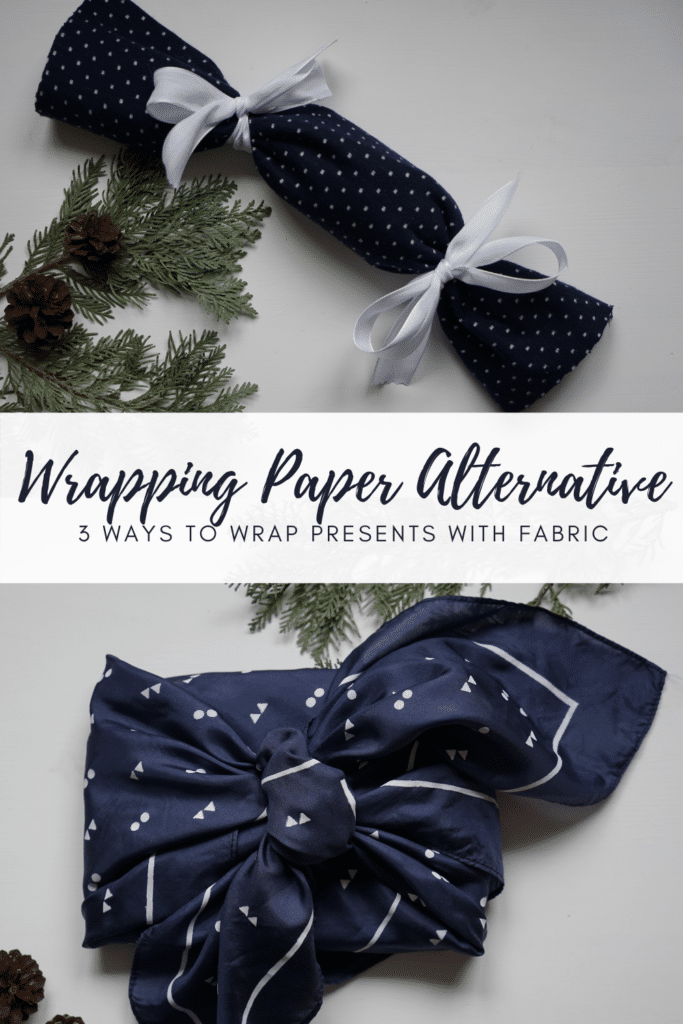two presents wrapped in fabric as eco friendly wrapping paper alternative
