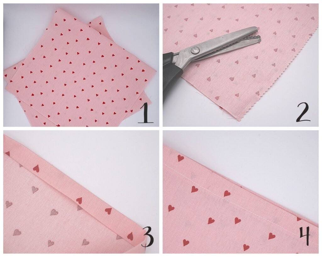 four pictures showing the four steps to sew a fabric bag