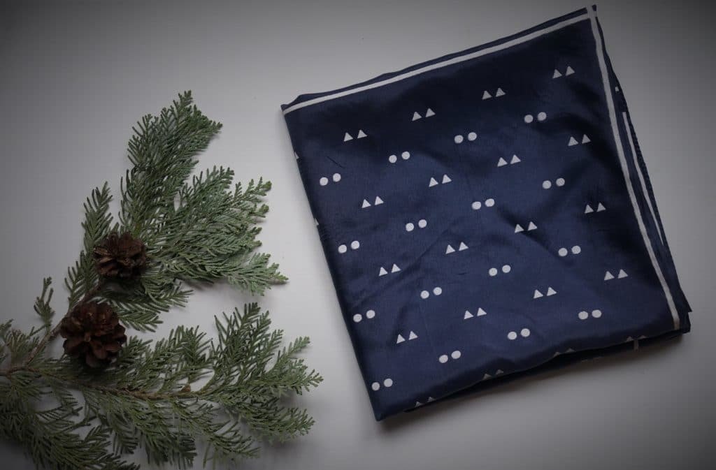 navy silk scarf with white lines, dots and triangles beside a pine branch with two pine cones