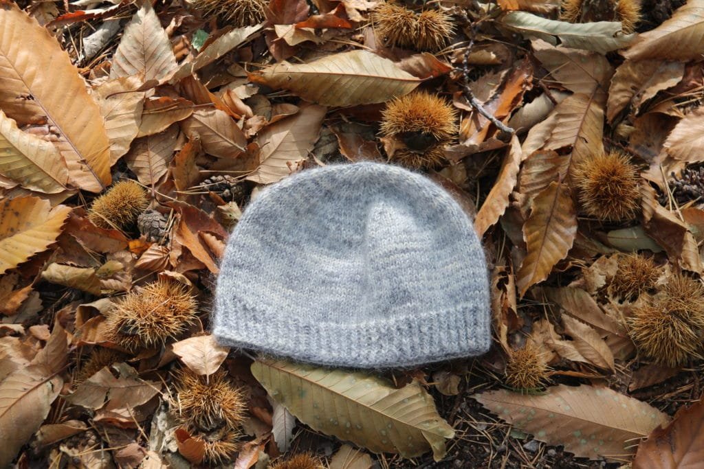 a grey handknitted hat laying on some brown leaves and chestnut husks