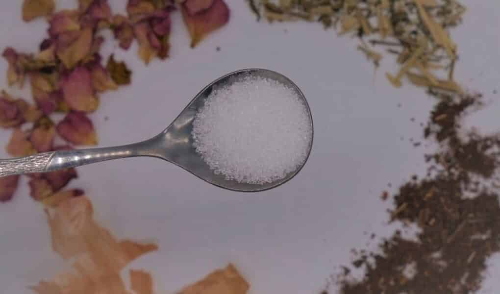 a spoon with alum above several natural dye materials (onion skins, madder, fustic, rose petals), mordants for natural dyes