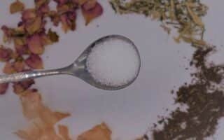 a spoon with alum above several natural dye materials (onion skins, madder, fustic, rose petals), mordants for natural dyes