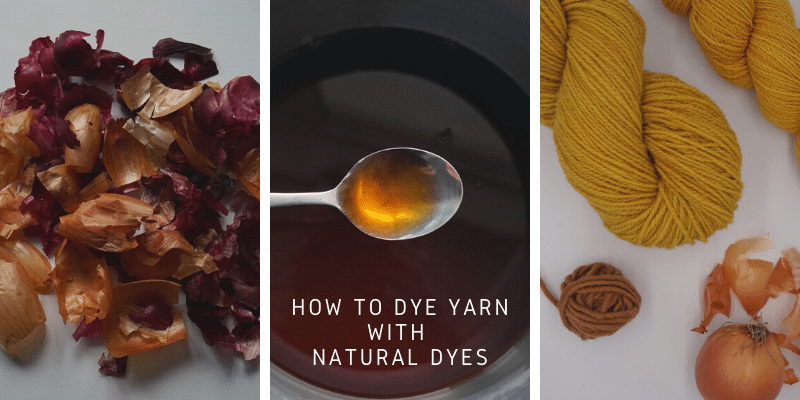 three pictures showing the steps of natural dyeing: onion skins, dye solution and a spoon and the finished product: two yellow skeins and a rust-coloured ball