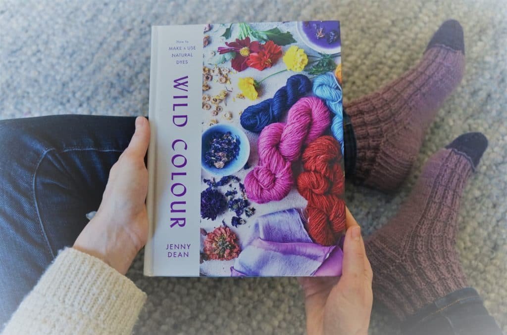 two hands holding the book wild colour by jenny dean next to some fett in purple handknitted socks (barre socks by rosemary & pines fiber arts)