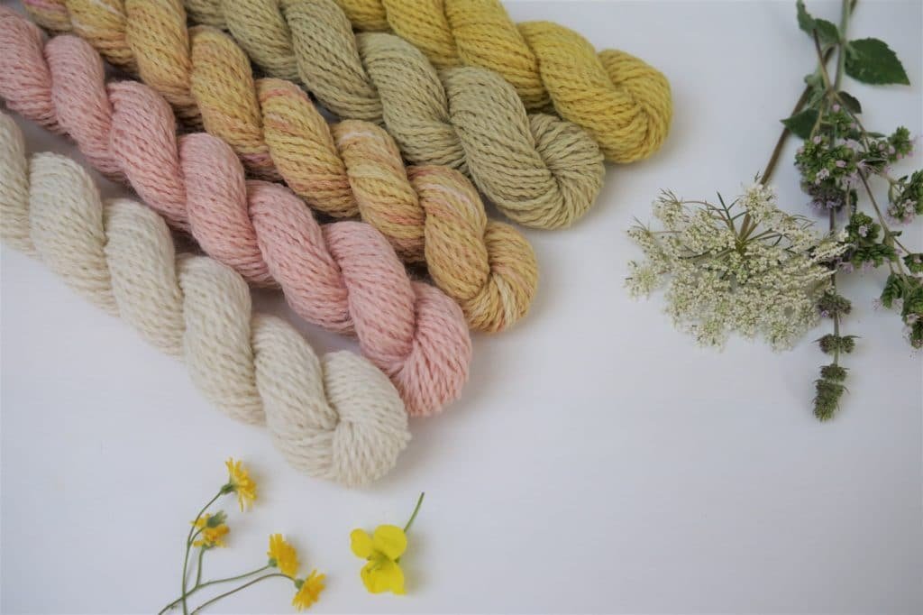 five mini skeins of yarn from white to pink and yello alongside some flowers