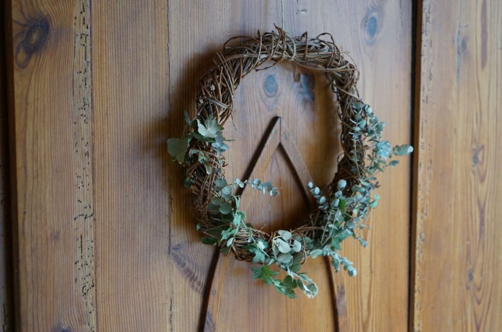 simple eco friendly wreath made out of willow branches, ivy and eucalyptus leaves