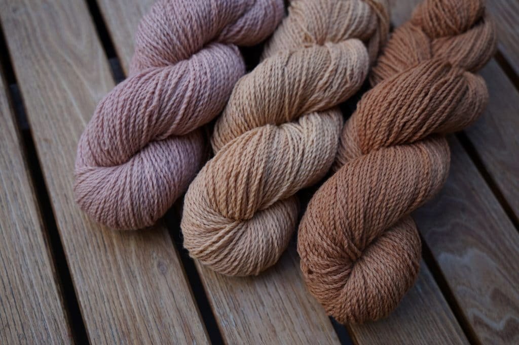 three skeins of yarn dyed with avocado which contains tannins as natural mordants