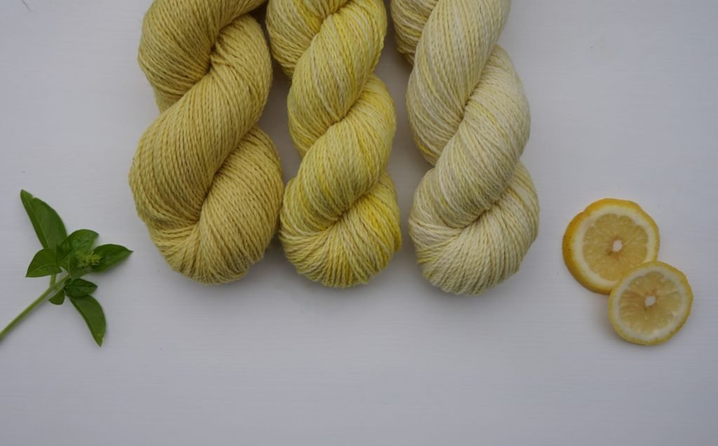 skeins of yarn naturally dyed with goldenrod