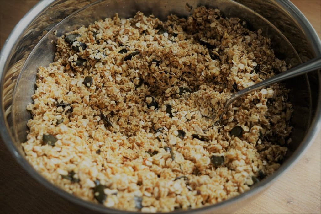 homemade granola ingredients in a bowl