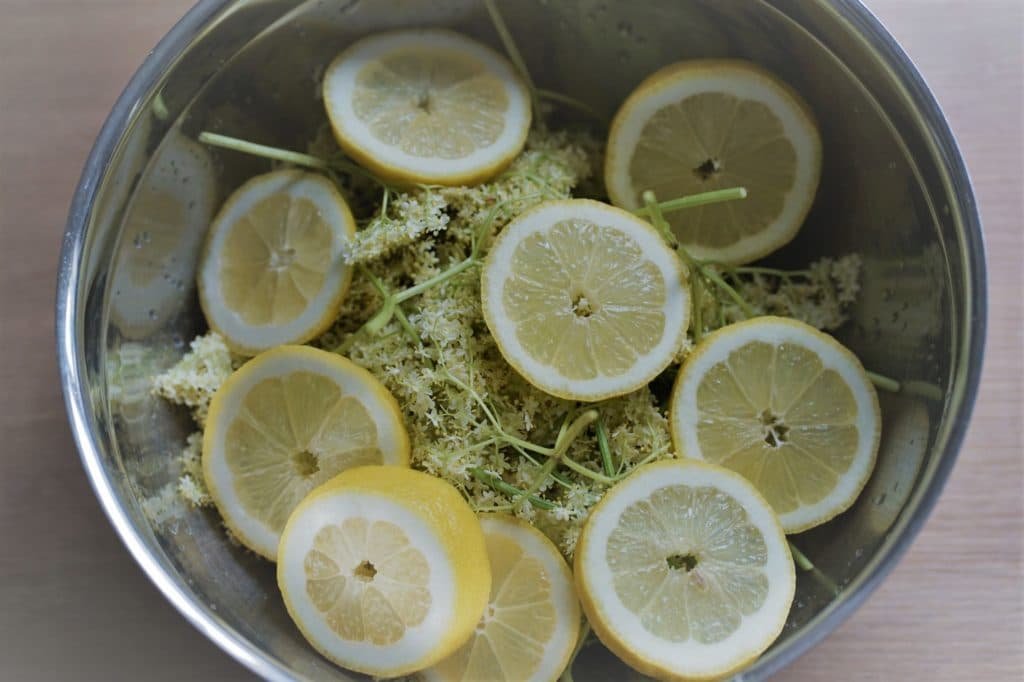 slices of lemons and elderflower umbels in a large bowl