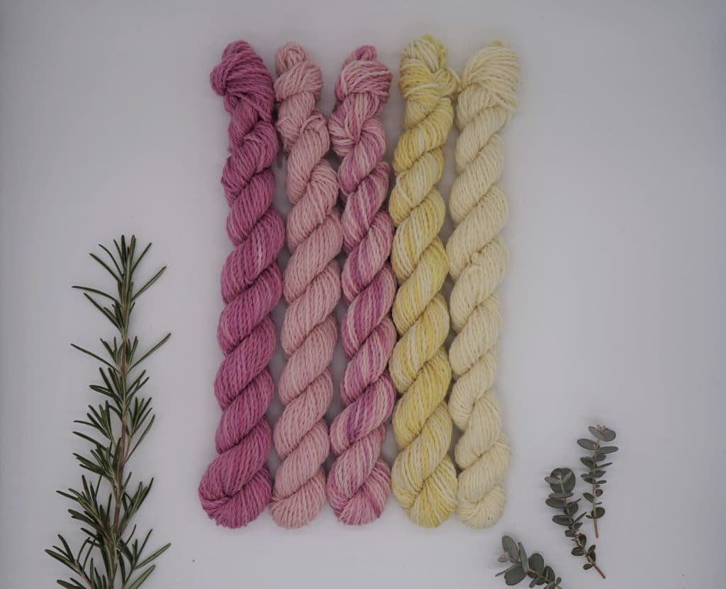 five mini skeins of yarn from yellow to pink alongside some flowers