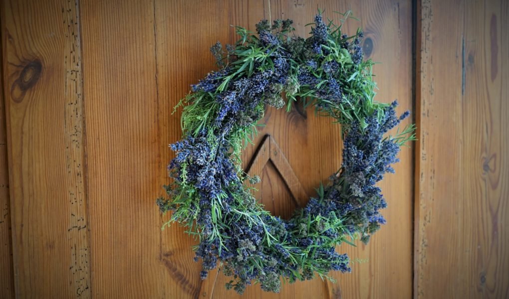 wreath hung up on an armoire