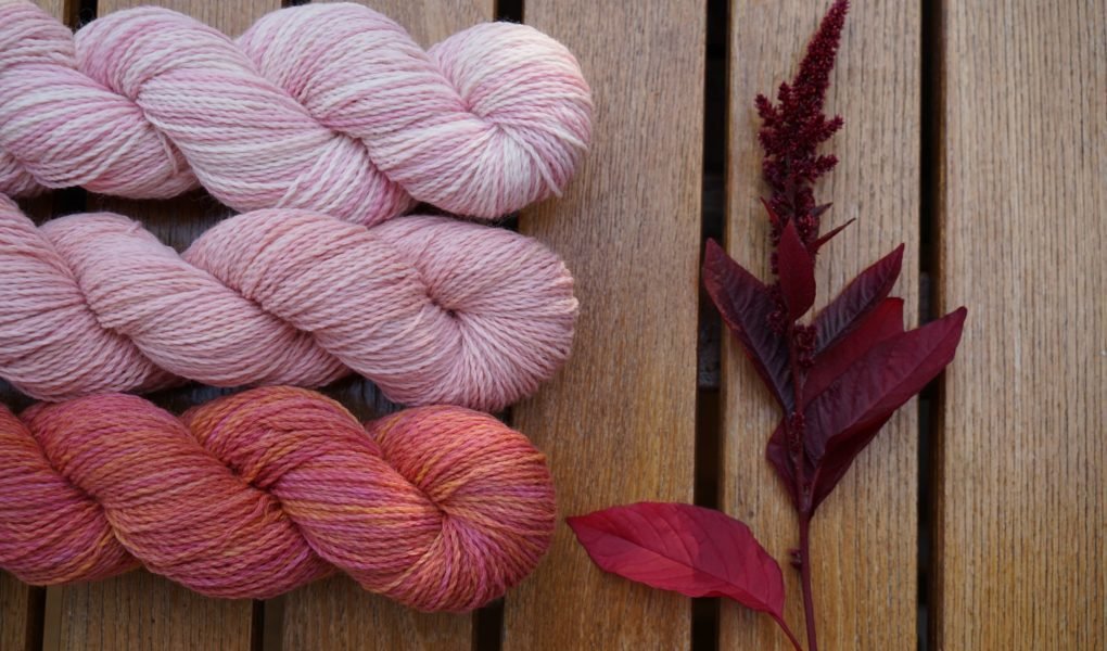 three skeins of yarns in pink shades and an amaranth hopi red dye on a wooden surface
