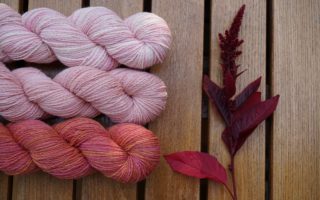 three skeins of yarns in pink shades and an amaranth hopi red dye on a wooden surface