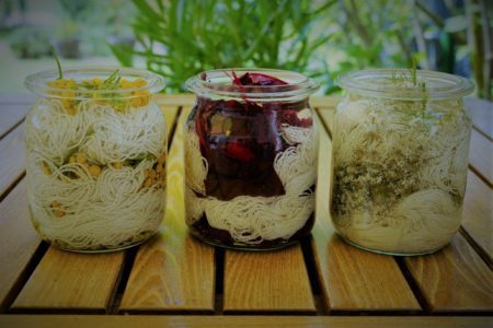 three glass jars prepped for solar dyeing