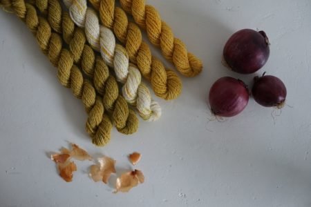 five mini skeins of yarn naturally dyed with onion skins alongside some yellow onion skins and three red onions