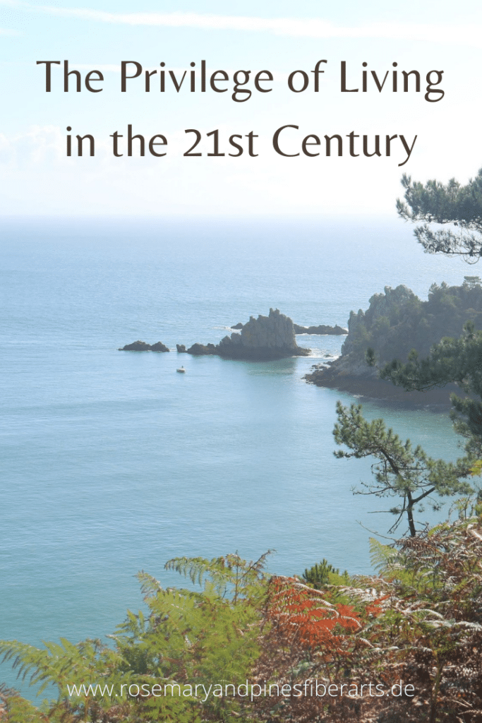 stunning ocean view and a text saying the privilege of living in the 21st century, www.rosemaryandpinesfiberarts.de