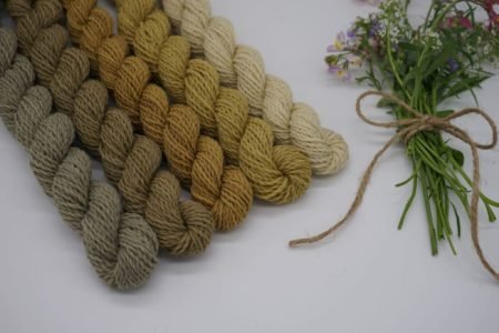 five mini skeins of yarn in greens and yellows, naturally dyed with nettles, rosemary and elder