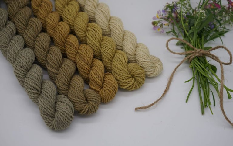 five mini skeins of yarn in greens and yellows, naturally dyed with nettles, rosemary and elder