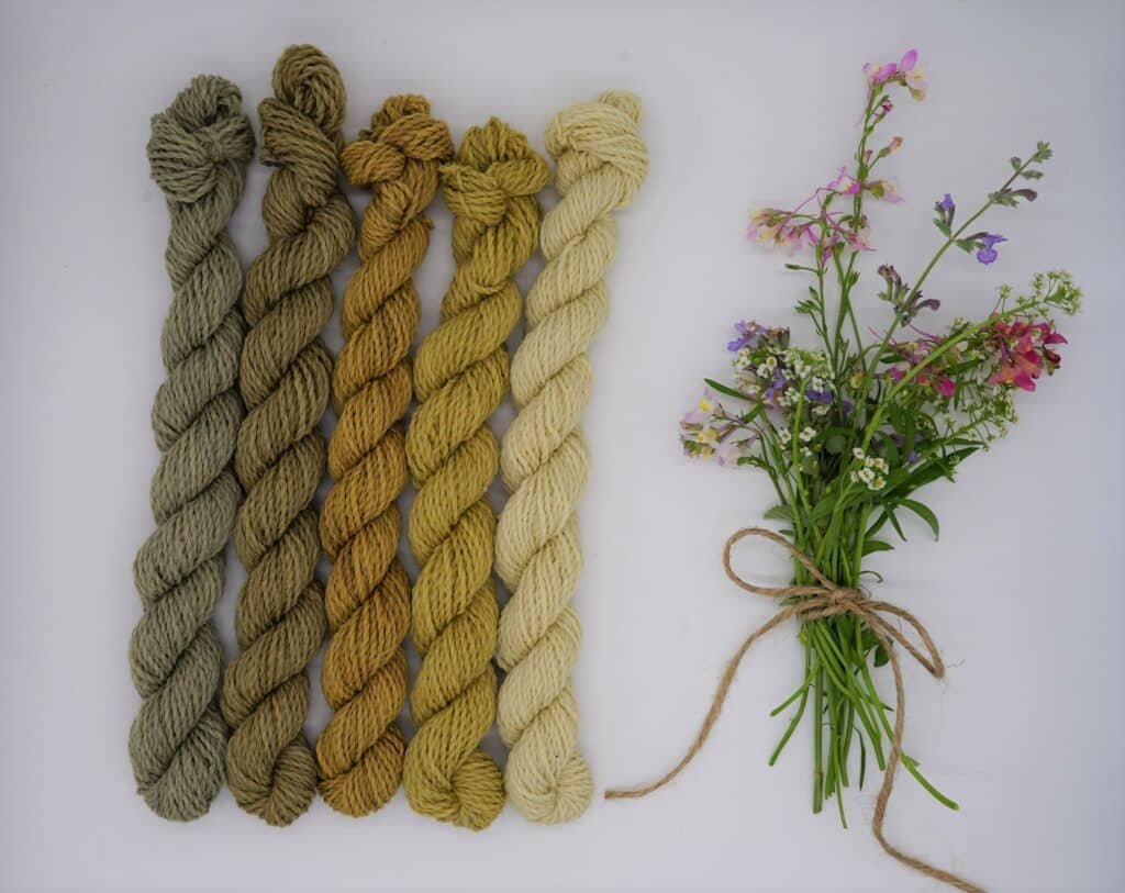 five mini skeins of yarn in greens and yellows, naturally dyed with nettles, rosemary and elder