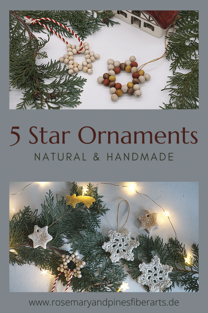 five different star ornaments made from different materials, handmade and natural