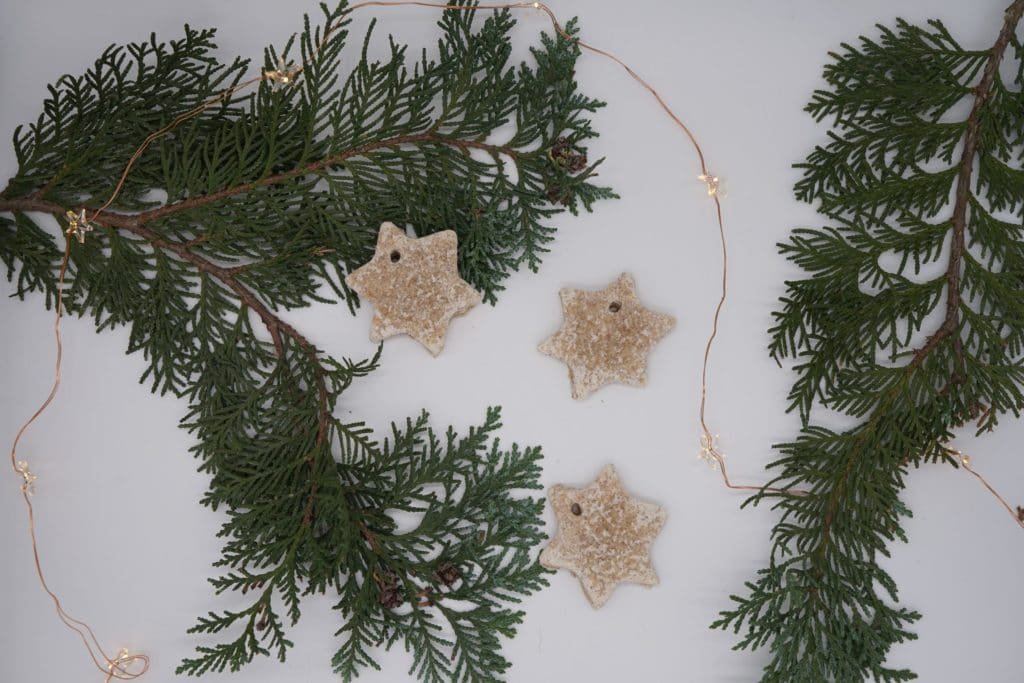 salt paste star ornaments, twinkle lights and some branches