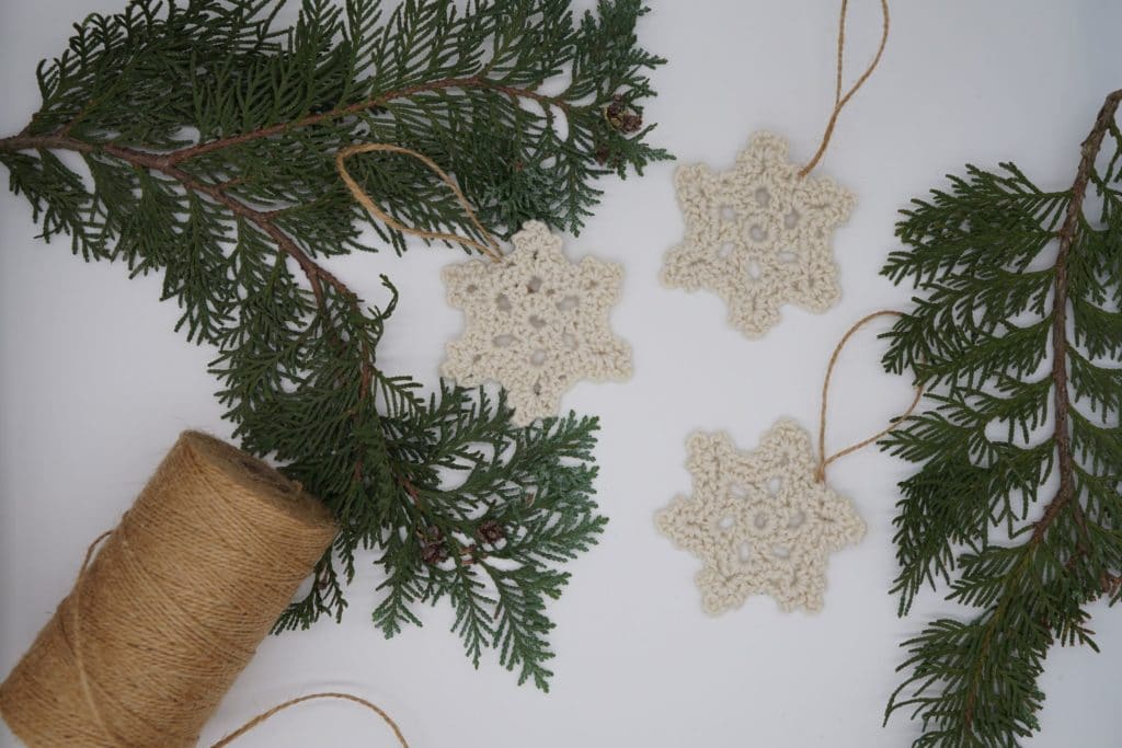 crochet star ornaments, jute twine and some branches