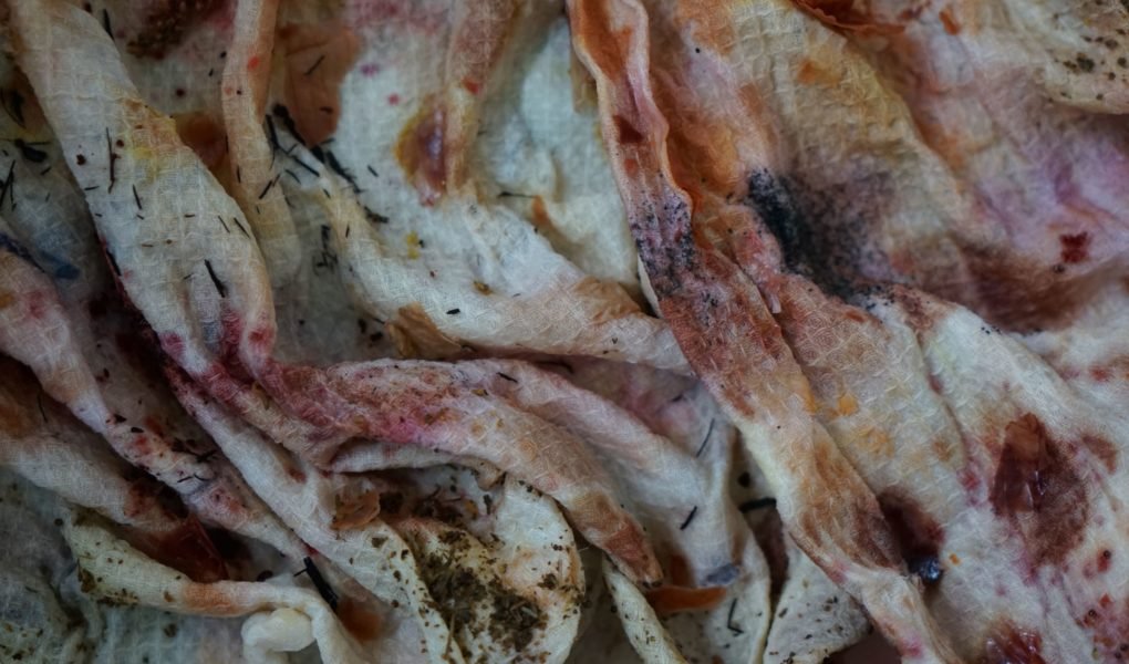 kitchen towel directly after bundle dyeing, colorful