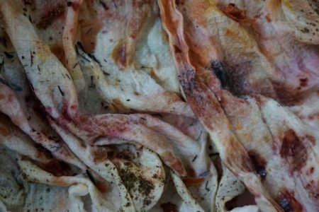 kitchen towel directly after bundle dyeing, colorful