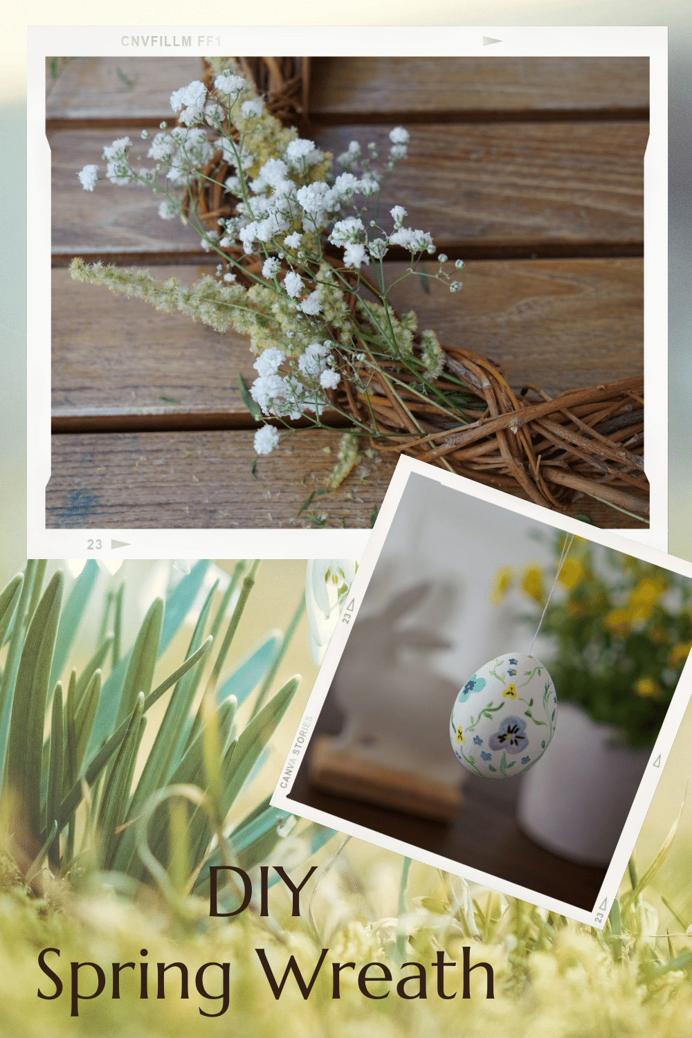 pictures of a spring wreath out of willow and dried flowers, decorated with a hand painted easter egg