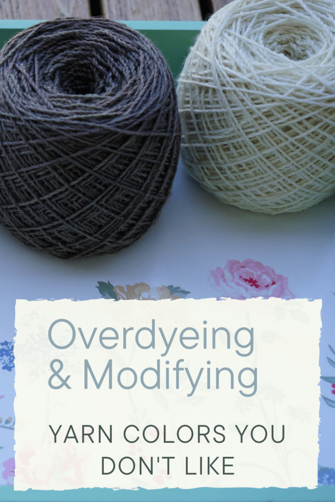 two white and two grey cakes of yarn on a tablet painted with flowers and a mint border and a text saying "overdyeing & modifiying yarn colors you don't like"