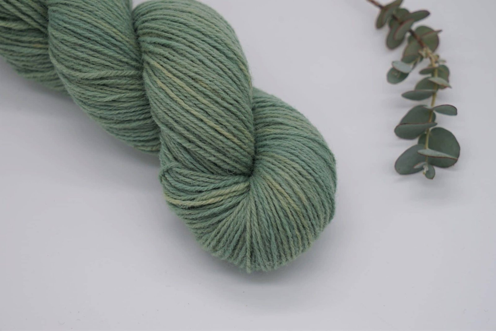 light mint/turqouise skein of yarn and an eucalyptus branch next to it