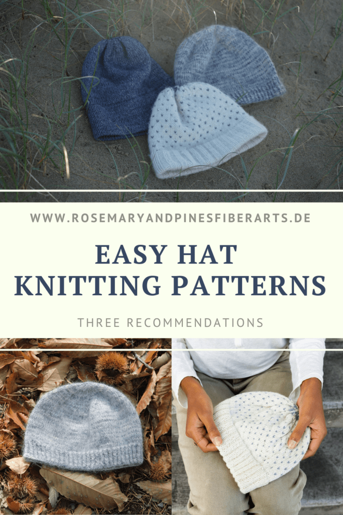 three knitted hats in blue, greys and white laying on a sand dune