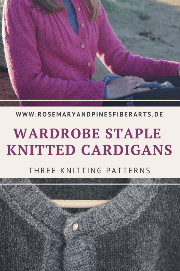 knitted cardigans and a text saying wardrobe staples knitted cardigans, three knitting patterns