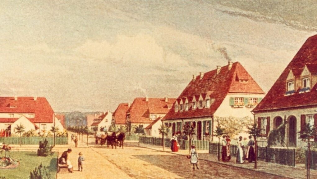 painting of a settlement with several small similar looking townhouses