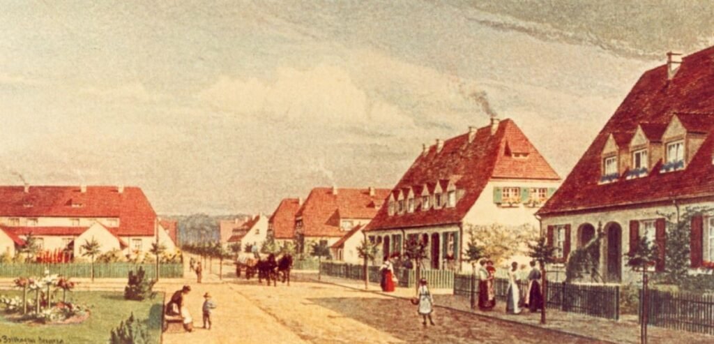 painting of a settlement with several small similar looking townhouses