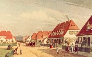 painting of a settlement with several small similar looking townhouses