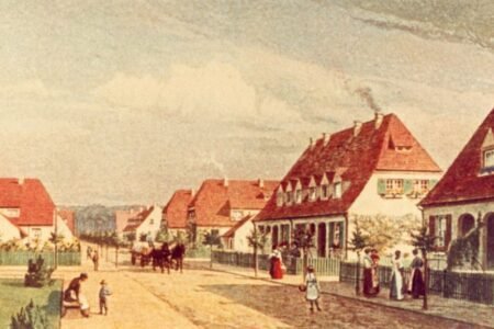 painting of a settlement with several small similar looking townhouses