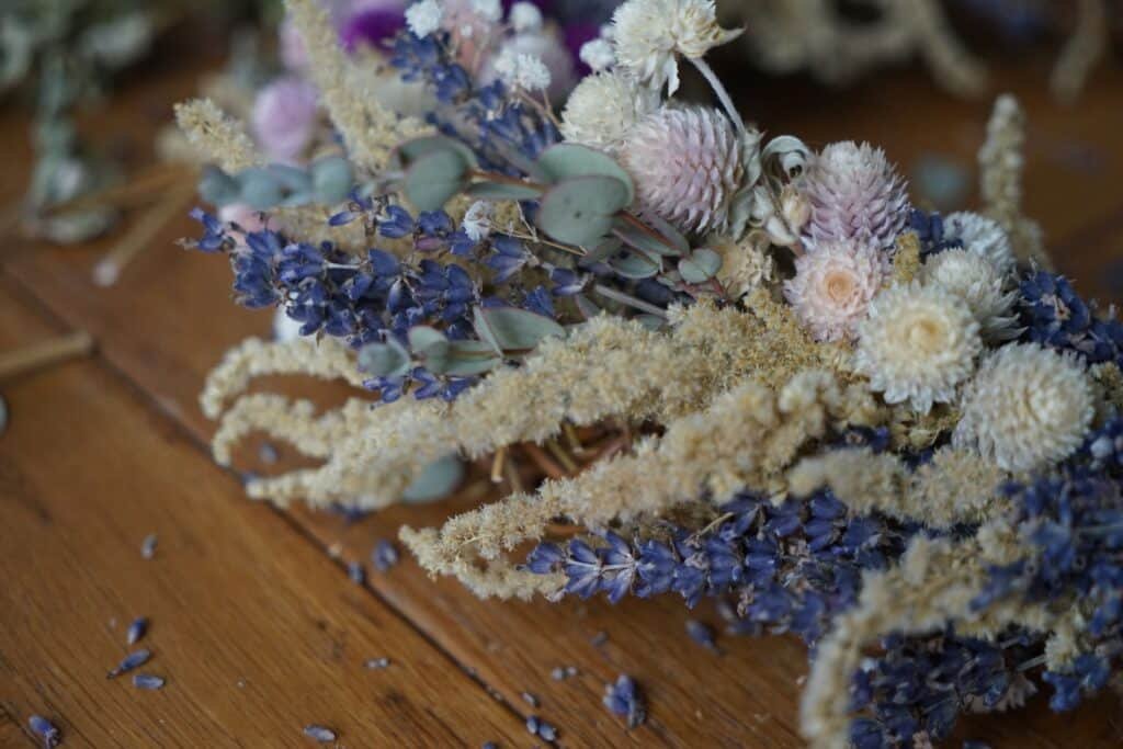 dried flower wreath in the making