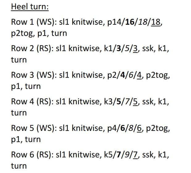 excerpt from a sock knitting pattern concerning the heel turn