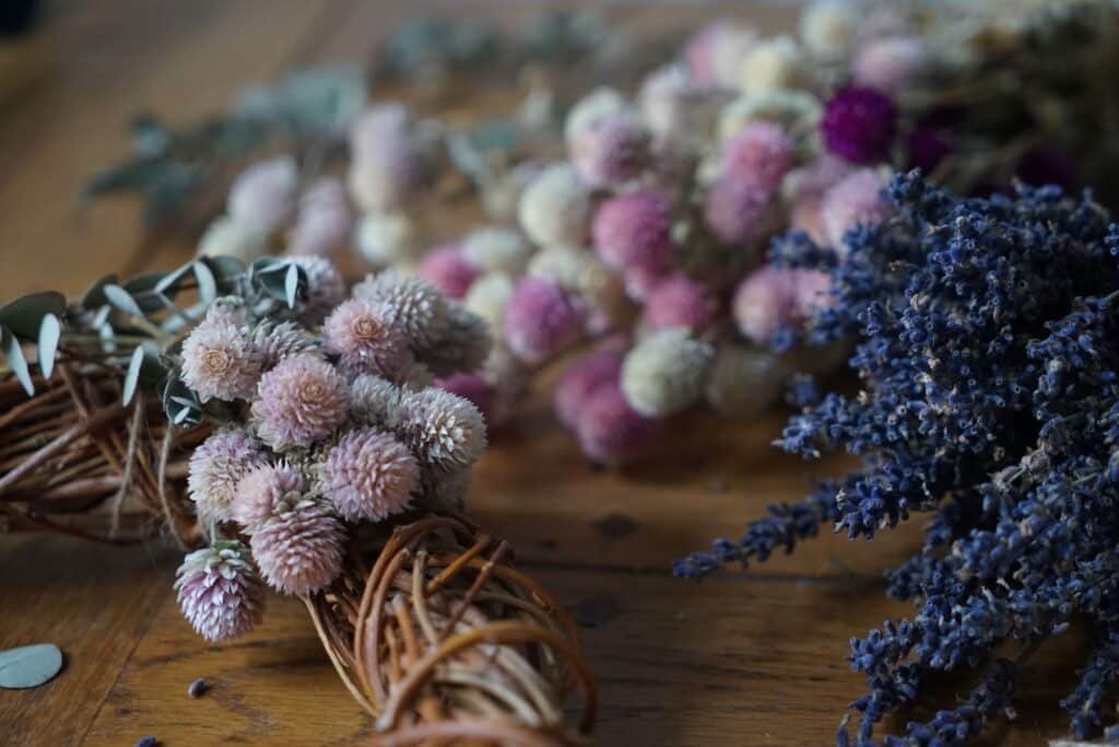 dried flower wreath in the making