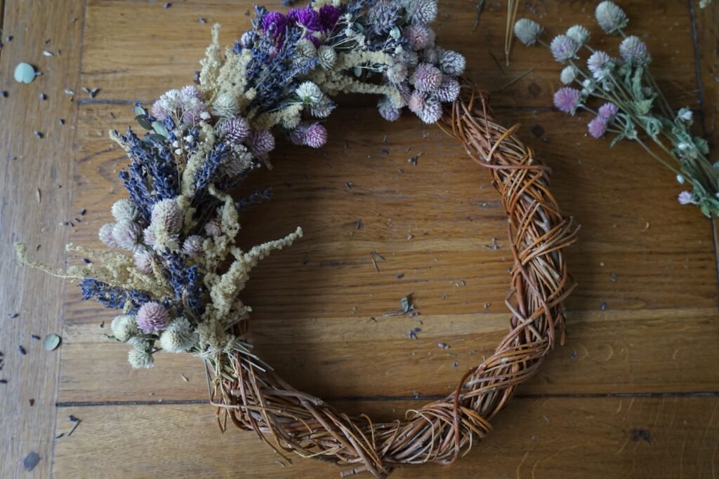 dried flower wreath in the making