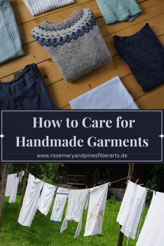 picture 1: several handmade garments lying on a wooden floor picture 2: several white garments and sheets hanging on a clothesline