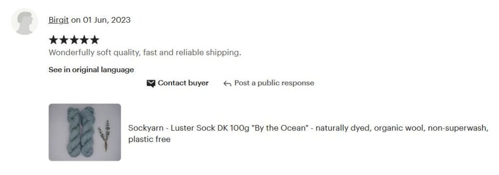 etsy review on Rosemary & Fiber Arts Luster Sock DK yarn from June 01, 2023