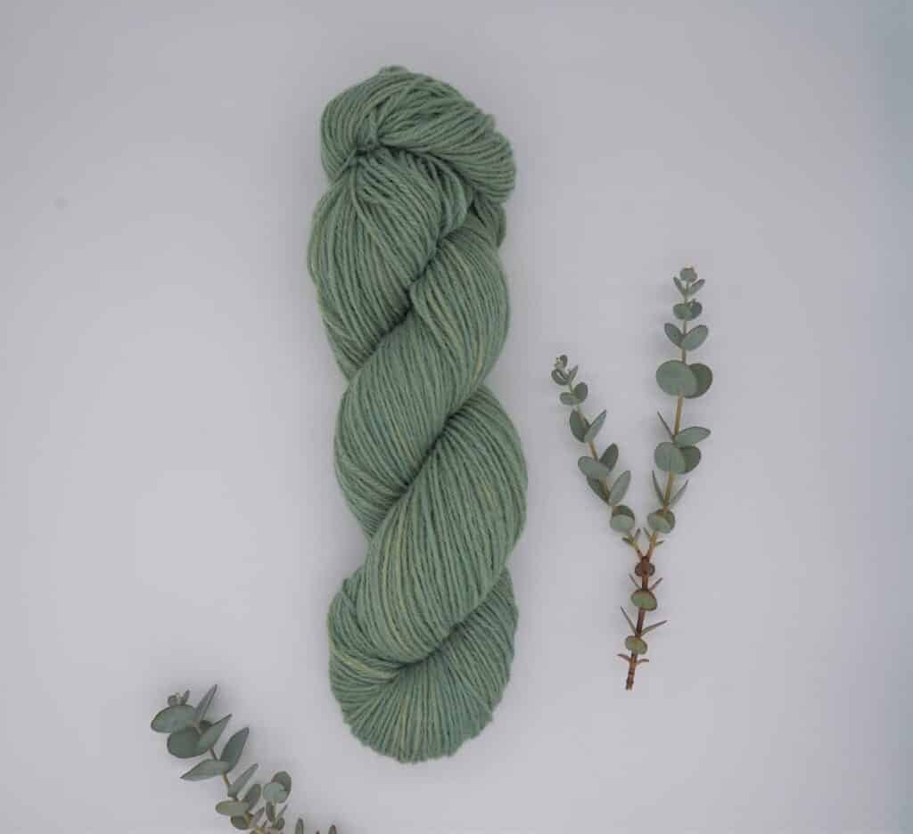 soft natural green skein of yarn next to some eucalyptus leaves